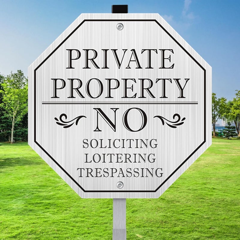 MongFun No Trespassing Signs Private Property, No Soliciting Sign for House, 10 x 10 Inches No Loitering Aluminum Metal Signs with 28 Inches Long Stakes for Outdoor Yard (Brushed Silver /Black, 10 x 10 inches) - Image 1